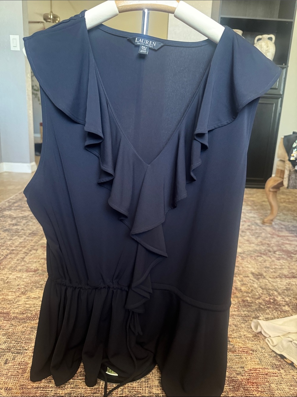 Lauren Ralph Lauren Navy Ruffle V-Neck Sleeveless Blouse